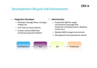 Development Lifecycle and Environments
• Integration Developer
– Develops message flows, message
models etc.
– Unit Tests on local machine
– Creates archive (BAR) files
containing required artefacts
• Administrator
– Customizes BAR for target
environment (message flow
properties including queues, database
names etc.)
– Deploys BAR to target environment
– Management and operational control
Development Test QA Production
 