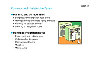 Common Administrative Tasks
Planning and configuration
• Bringing a new integration node online
• Making an integration node highly available
• Planning for disaster recovery
• Securing an integration node
Managing integration nodes
• Deployment and redeployment
• Understanding behaviour
• Optimizing and tuning
• Migration
• Maintenance
 