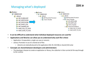 Managing what’s deployed
• It can be difficult to understand what individual deployed resources are used for
• Applications and libraries can allow you to understand why each file is there
– Application: Encapsulates a single use case or scenario
– Library: Promotes re-use of a shared set of files
– Libraries are statically bound to the application (V8, V9, V10 OB) or shared (V10 only)
• Concepts are shared between developers and administrators
– The developer chooses to create an application or library; the collection is then carried all the way through
to the runtime
 