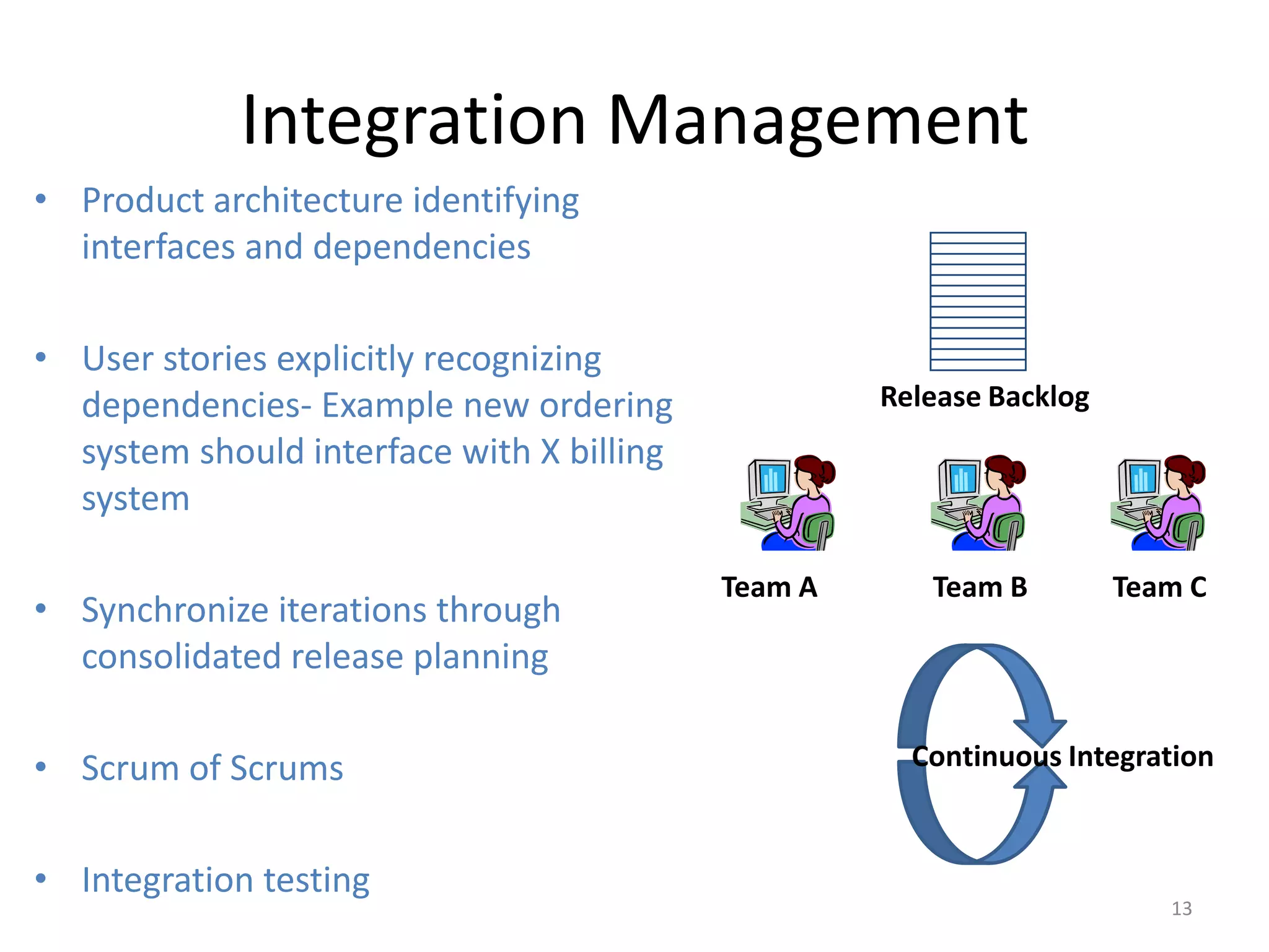 Integration Management
• Product architecture identifying
  interfaces and dependencies

• User stories explicitly recognizing
  dependencies- Example new ordering                Release Backlog
  system should interface with X billing
  system

                                           Team A      Team B         Team C
• Synchronize iterations through
  consolidated release planning

• Scrum of Scrums                                     Continuous Integration


• Integration testing
                                                                         13
 