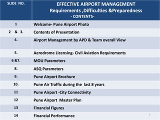 SLIDE NO. EFFECTIVE AIRPORT MANAGEMENT
Requirements ,Difficulties &Preparedness
- CONTENTS-
1 Welcome- Pune Airport Photo
2 & 3. Contents of Presentation
4. Airport Management by APD & Team overall View
5. Aerodrome Licensing- Civil Aviation Requirements
6 &7. MOU Parameters
8. ASQ Parameters
9. Pune Airport Brochure
10. Pune Air Traffic during the last 8 years
11 Pune Airport -City Connectivity
12 Pune Airport Master Plan
13 Financial Figures
14 Financial Performance 2
 