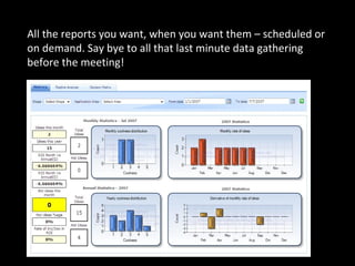 All the reports you want, when you want them – scheduled or on demand. Say bye to all that last minute data gathering before the meeting! 
