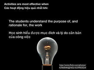 Activities are most effective when
Các hoạt động hiệu quả nhất khi:



   The students understand the purpose of, and
   r...