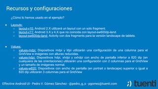 Recursos y configuraciones
Effective Android UI - Pedro V. Gómez Sánchez - @pedro_g_s - pgomez@tuenti.com
¿Cómo lo hemos u...