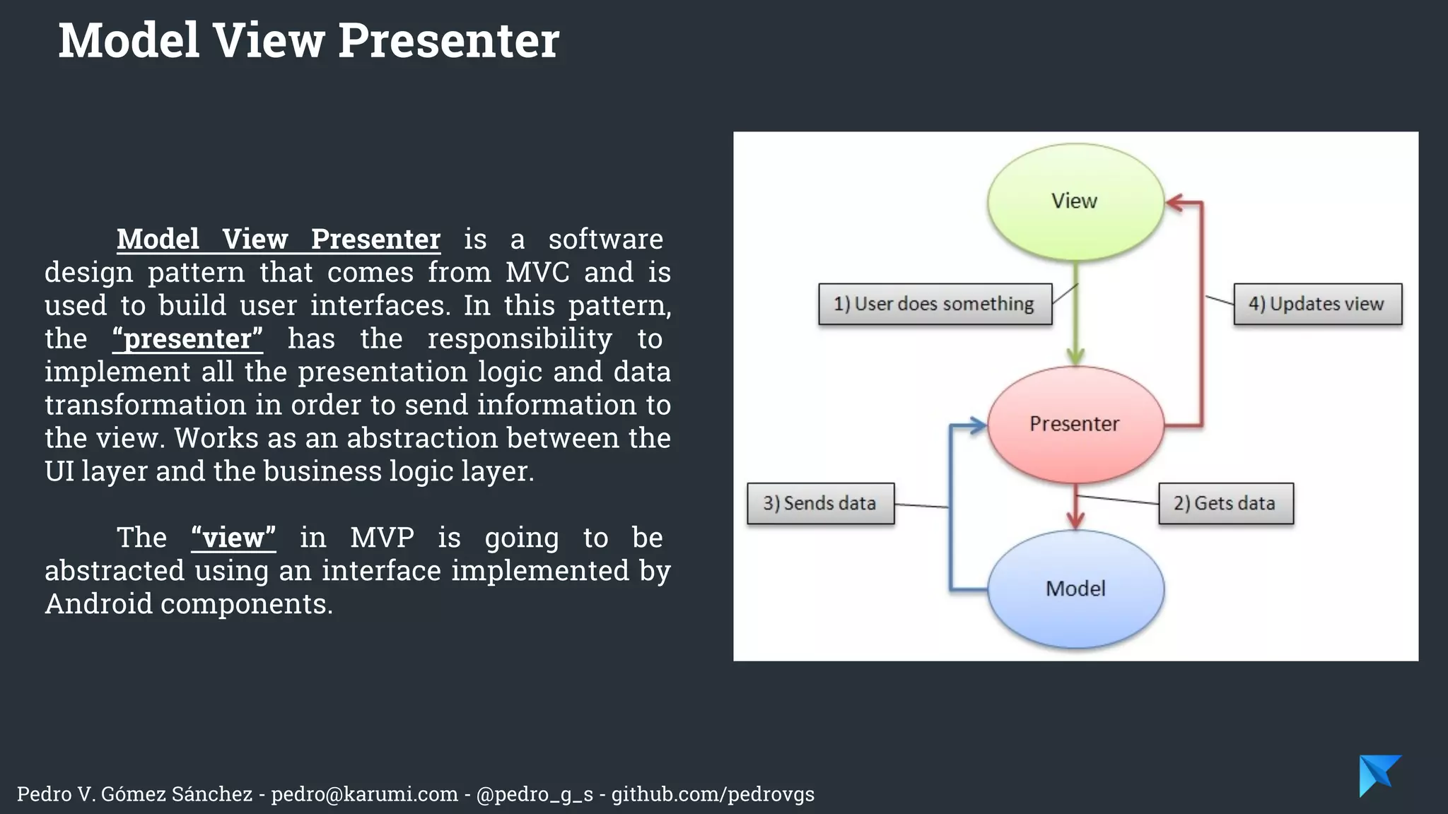 Pedro V. Gómez Sánchez - pedro@karumi.com - @pedro_g_s - github.com/pedrovgs
Model View Presenter is a software
design pattern that comes from MVC and is
used to build user interfaces. In this pattern,
the “presenter” has the responsibility to
implement all the presentation logic and data
transformation in order to send information to
the view. Works as an abstraction between the
UI layer and the business logic layer.
The “view” in MVP is going to be
abstracted using an interface implemented by
Android components.
Model View Presenter
 
