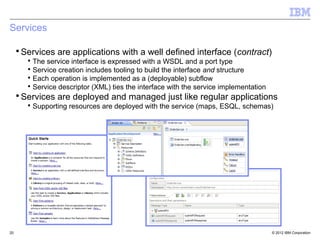 Services

     ▪ Services are applications with a well defined interface (contract)
        ▪ The service interface is expressed with a WSDL and a port type
        ▪ Service creation includes tooling to build the interface and structure
        ▪ Each operation is implemented as a (deployable) subflow
        ▪ Service descriptor (XML) ties the interface with the service implementation
     ▪ Services are deployed and managed just like regular applications
        ▪ Supporting resources are deployed with the service (maps, ESQL, schemas)




20                                                                                      © 2012 IBM Corporation
 