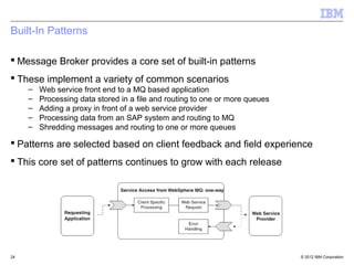 Built-In Patterns

 Message Broker provides a core set of built-in patterns
 These implement a variety of common scenarios
     –   Web service front end to a MQ based application
     –   Processing data stored in a file and routing to one or more queues
     –   Adding a proxy in front of a web service provider
     –   Processing data from an SAP system and routing to MQ
     –   Shredding messages and routing to one or more queues

 Patterns are selected based on client feedback and field experience
 This core set of patterns continues to grow with each release




24                                                                            © 2012 IBM Corporation
 