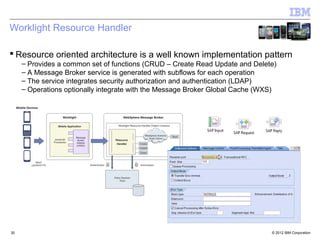 Worklight Resource Handler

 Resource oriented architecture is a well known implementation pattern
     – Provides a common set of functions (CRUD – Create Read Update and Delete)
     – A Message Broker service is generated with subflows for each operation
     – The service integrates security authorization and authentication (LDAP)
     – Operations optionally integrate with the Message Broker Global Cache (WXS)




30                                                                             © 2012 IBM Corporation
 