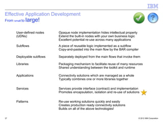 Effective Application Development
From small to large!


      User-defined nodes    Opaque node implementation hides intellectual property
      (UDNs)                Extend the built-in nodes with your own business logic
                            Excellent potential re-use across many applications
      Subflows              A piece of reusable logic implemented as a subflow
                            Copy-and-pasted into the main flow by the BAR compiler

      Deployable subflows   Separately deployed from the main flows that invoke them

      Libraries             Packaging mechanism to facilitate reuse of many resources
                            Shared understanding between the toolkit and runtime

      Applications          Connectivity solutions which are managed as a whole
                            Typically combines one or more libraries together

      Services              Services provide interface (contract) and implementation
                            Promotes encapsulation, isolation and re-use of solutions

      Patterns              Re-use working solutions quickly and easily
                            Creates production ready connectivity solutions
                            Builds on all of the above technologies!

37                                                                                   © 2012 IBM Corporation
 