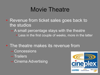 Movie Theatre
• Revenue from ticket sales goes back to
  the studios
  – A small percentage stays with the theatre
    • Less in the first couple of weeks, more in the latter


• The theatre makes its revenue from
  – Concessions
  – Trailers
  – Cinema Advertising
 