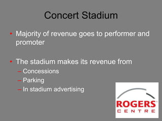 Concert Stadium
• Majority of revenue goes to performer and
  promoter

• The stadium makes its revenue from
  – Concessions
  – Parking
  – In stadium advertising
 