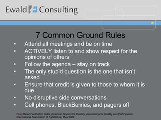 7 Common Ground Rules Attend all meetings and be on time ACTIVELY listen to and show respect for the opinions of others Follow the agenda – stay on track The only stupid question is the one that isn’t asked Ensure that credit is given to those to whom it is due No disruptive side conversations Cell phones, BlackBerries, and pagers off From  Basic Facilitation Skills, American Society for Quality, Association for Quality and Participation, International Association of Facilitators, May 2002 
