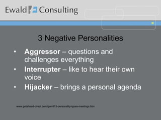 3 Negative Personalities Aggressor  – questions and challenges everything Interrupter  – like to hear their own voice Hijacker  – brings a personal agenda www.getahead-direct.com/gwmt13-personality-types-meetings.htm 