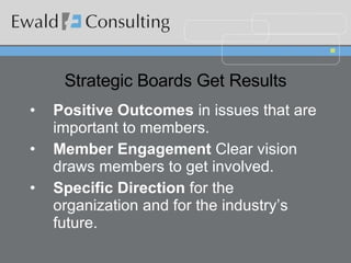 Strategic Boards Get Results Positive Outcomes  in issues that are important to members. Member Engagement  Clear vision draws members to get involved.  Specific Direction  for the organization and for the industry’s future. 