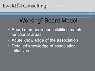 “ Working” Board Model Board member responsibilities match functional areas Acute knowledge of the association Detailed knowledge of association initiatives 