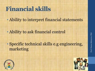 Financial skills
• Ability to interpret financial statements
• Ability to ask financial control
• Specific technical skills e.g engineering,
marketing
Prof.WaswaBalunywa,PhD
 