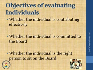 Objectives of evaluating
Individuals
• Whether the individual is contributing
effectively
• Whether the individual is committed to
the Board
• Whether the individual is the right
person to sit on the Board
Prof.WaswaBalunywa,PhD
 