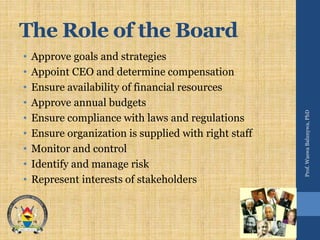 The Role of the Board
• Approve goals and strategies
• Appoint CEO and determine compensation
• Ensure availability of financial resources
• Approve annual budgets
• Ensure compliance with laws and regulations
• Ensure organization is supplied with right staff
• Monitor and control
• Identify and manage risk
• Represent interests of stakeholders
Prof.WaswaBalunywa,PhD
 