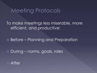  Set an Agenda (agreed upon if possible) 
 Make sure you need a meeting (email?) 
 Postpone the meeting rather than 
ho...