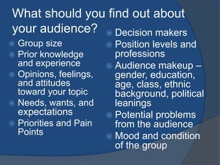 What should you find out about 
your audience? 
 Group size 
 Prior knowledge 
and experience 
 Opinions, feelings, 
and attitudes 
toward your topic 
 Needs, wants, and 
expectations 
 Priorities and Pain 
Points 
 Decision makers 
 Position levels and 
professions 
 Audience makeup – 
gender, education, 
age, class, ethnic 
background, political 
leanings 
 Potential problems 
from the audience 
 Mood and condition 
of the group 
 
