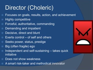 Director (Choleric) 
 Focuses on goals, results, action, and achievement 
 Highly competitive 
 Forceful, authoritative, commanding 
 Demanding and impatient 
 Decisive, direct and blunt 
 Exerts control – of self and others 
 Seeks power, status, prestige 
 Big (often fragile) ego 
 Independent and self-sustaining – takes quick 
initiative 
 Does not show weakness 
 A smart risk-taker and methodical innovator 
 