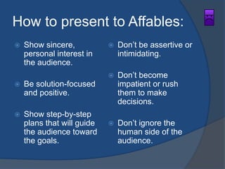 How to present to Affables: 
 Show sincere, 
personal interest in 
the audience. 
 Be solution-focused 
and positive. 
 Show step-by-step 
plans that will guide 
the audience toward 
the goals. 
 Don’t be assertive or 
intimidating. 
 Don’t become 
impatient or rush 
them to make 
decisions. 
 Don’t ignore the 
human side of the 
audience. 
 