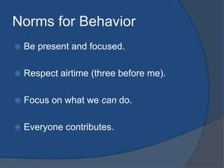 Norms for Behavior 
 Be present and focused. 
 Respect airtime (three before me). 
 Focus on what we can do. 
 Everyone contributes. 
 