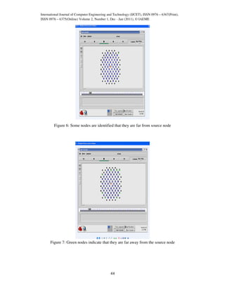 International Journal of Computer Engineering and Technology (IJCET), ISSN 0976 – 6367(Print),
ISSN 0976 – 6375(Online) Volume 2, Number 1, Dec - Jan (2011), © IAEME




         Figure 6: Some nodes are identified that they are far from source node




      Figure 7: Green nodes indicate that they are far away from the source node




                                               44
 