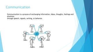 Communication
Communication is a process of exchanging information, ideas, thoughts, feelings and
emotions
through speech, signals, writing, or behavior.
 