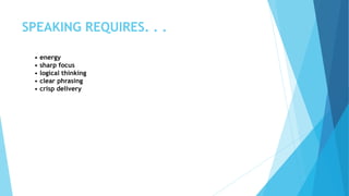 SPEAKING REQUIRES. . .
• energy
• sharp focus
• logical thinking
• clear phrasing
• crisp delivery
 