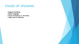 STAGES OF SPEAKING
• Rapport Building.
• Body Language.
• Focus on fluency vs. Accuracy.
• Topic and it’s delivery.
 