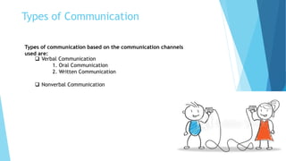 Types of Communication
 Verbal Communication
1. Oral Communication
2. Written Communication
 Nonverbal Communication
Types of communication based on the communication channels
used are:
 