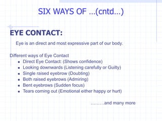 SIX WAYS OF …(cntd…)
EYE CONTACT:
Eye is an direct and most expressive part of our body.
Different ways of Eye Contact
 Direct Eye Contact: (Shows confidence)
 Looking downwards (Listening carefully or Guilty)
 Single raised eyebrow (Doubting)
 Both raised eyebrows (Admiring)
 Bent eyebrows (Sudden focus)
 Tears coming out (Emotional either happy or hurt)
………and many more
 