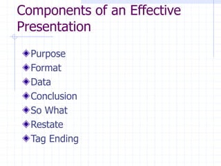 Components of an Effective
Presentation
Purpose
Format
Data
Conclusion
So What
Restate
Tag Ending
 