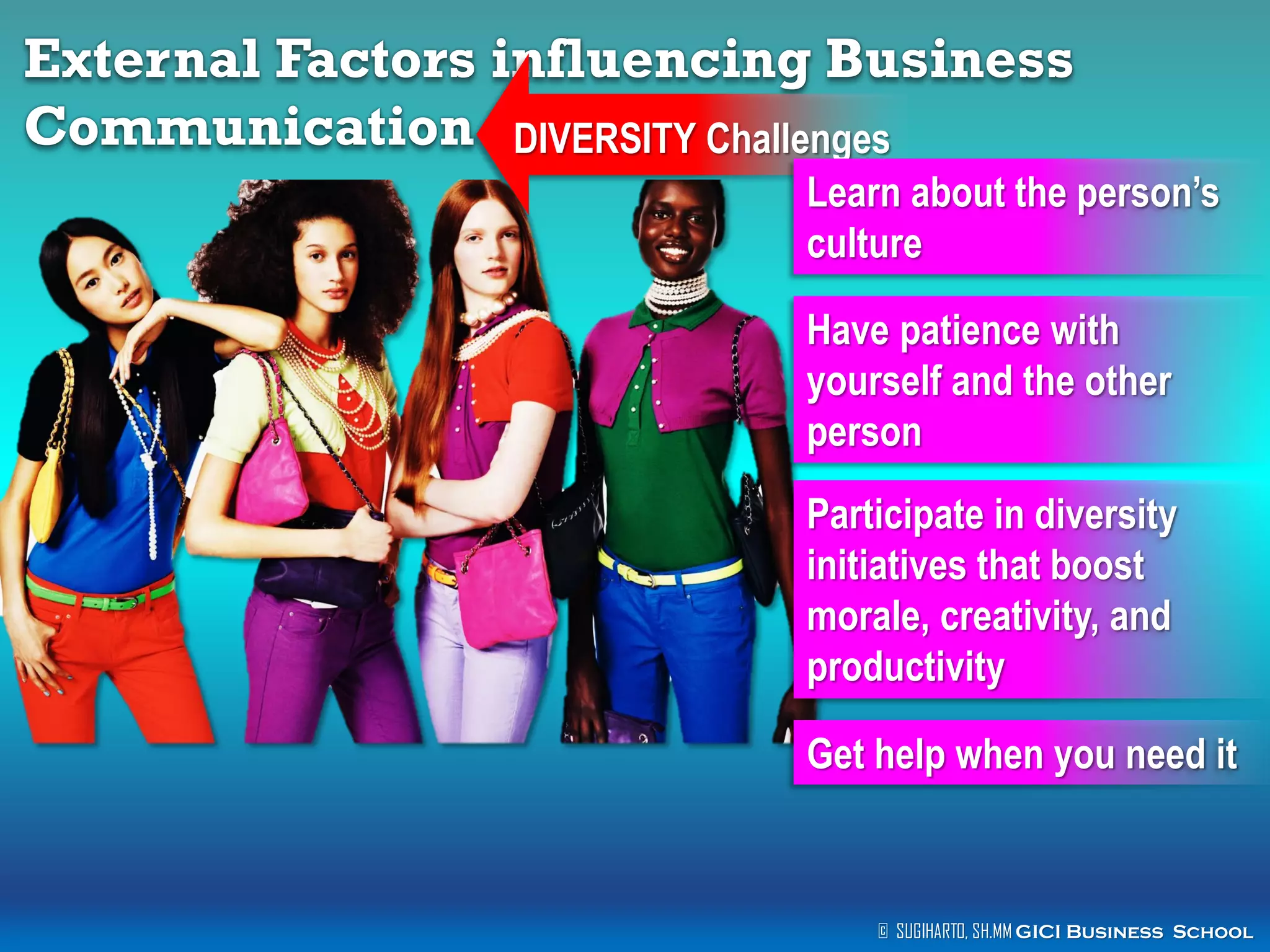 External Factors influencing Business
Communication DIVERSITY Challenges
Learn about the person‘s
culture
Have patience with
yourself and the other
person
Participate in diversity
initiatives that boost
morale, creativity, and
productivity
Get help when you need it

© SUGIHARTO, SH.MM GICI Business School

 