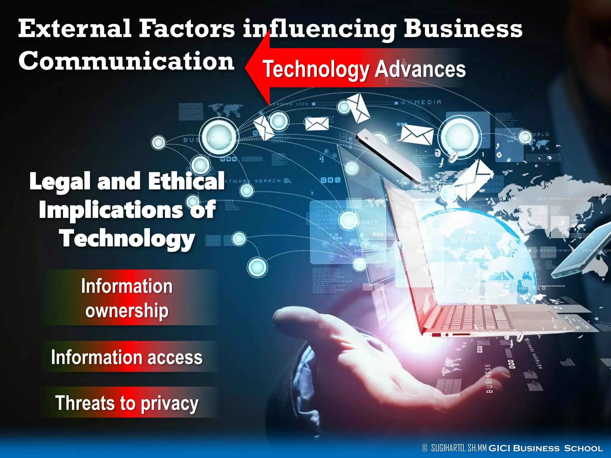 External Factors influencing Business
Communication Technology Advances

Legal and Ethical
Implications of
Technology
Information
ownership
Information access
Threats to privacy
© SUGIHARTO, SH.MM GICI Business School

 