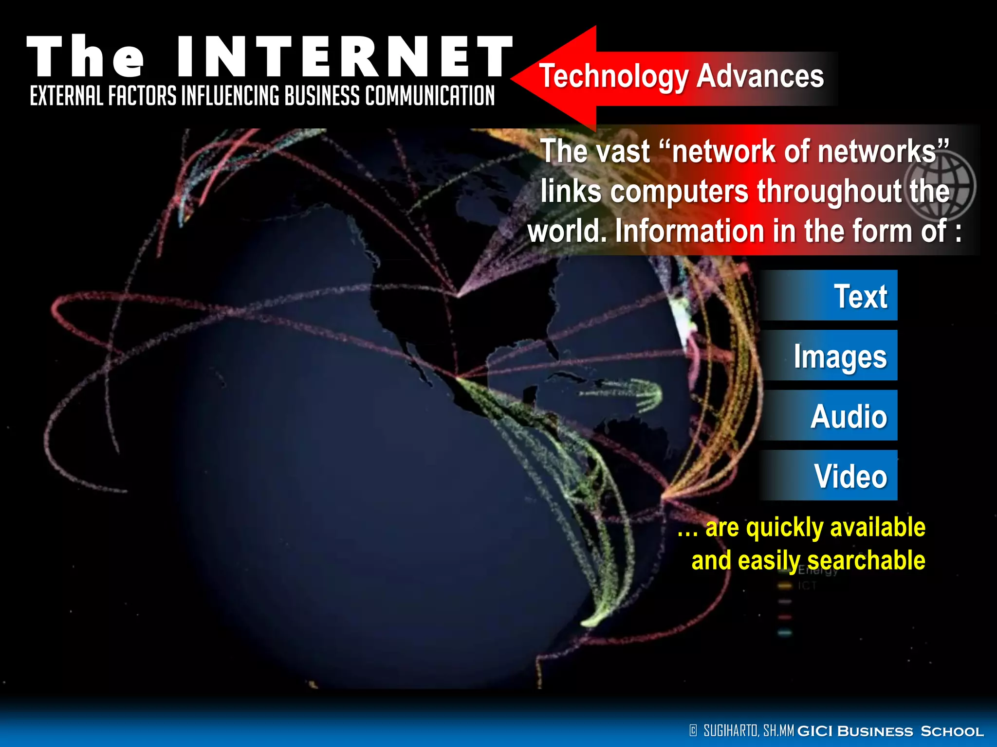 The INTERNET
External Factors influencing Business Communication

Technology Advances
The vast ―network of networks‖
links computers throughout the
world. Information in the form of :
Text
Images
Audio
Video
… are quickly available
and easily searchable

© SUGIHARTO, SH.MM GICI Business School

 
