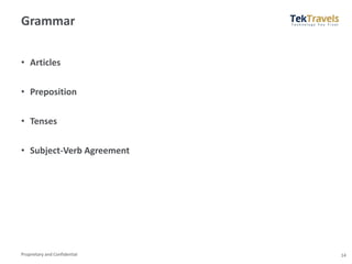 Proprietary and Confidential
Grammar
• Articles
• Preposition
• Tenses
• Subject-Verb Agreement
14
 