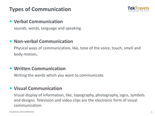 Proprietary and Confidential
Types of Communication
6
 Verbal Communication
sounds, words, language and speaking.
 Non-verbal Communication
Physical ways of communication, like, tone of the voice, touch, smell and
body motion.
 Written Communication
Writing the words which you want to communicate.
 Visual Communication
Visual display of information, like, topography, photography, signs, symbols
and designs. Television and video clips are the electronic form of visual
communication.
 
