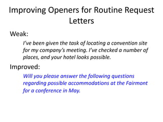 Improving Openers for Routine Request
Letters
Weak:
I’ve been given the task of locating a convention site
for my company’s meeting. I’ve checked a number of
places, and your hotel looks possible.
Improved:
Will you please answer the following questions
regarding possible accommodations at the Fairmont
for a conference in May.
 