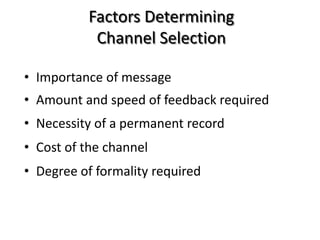Factors Determining
Channel Selection
• Importance of message
• Amount and speed of feedback required
• Necessity of a permanent record
• Cost of the channel
• Degree of formality required
 