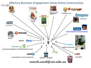 suresh.sood@uts.edu.au
Geektoid Mangalawww.linkedin.com/in/sureshsood
twitter.com/soody
www.facebook.com/sureshsood
ssood
www.bravenewtalent.com/talent/suresh_sood
Hero5!
scuzzy55
soody
GreatMystery14
Suresh S.
"frequent reader"suresh
Effective Business Engagement Using Online Communities
 