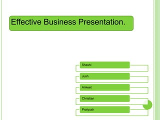 Effective Business Presentation.




                   Shashi


                   Jush


                   Ankeet


                   Christian


                   Pratyush
 