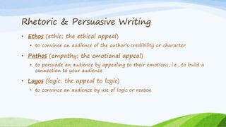 Rhetoric & Persuasive Writing
• Ethos (ethic; the ethical appeal)
• to convince an audience of the author’s credibility or character
• Pathos (empathy; the emotional appeal)
• to persuade an audience by appealing to their emotions, i.e., to build a
connection to your audience
• Logos (logic; the appeal to logic)
• to convince an audience by use of logic or reason
 