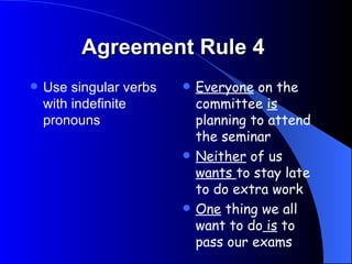 Agreement Rule 3     Disregard explanatory phrases, parenthetical phrases or other modifiers that come between subject and verb The lawyer’s  briefcase , along with a file of very important papers,  has  been stolen Each  report , compiled independently by different directors,  indicates  that change is essential The  leader  of this popular group of musicians  is  planning a solo single 