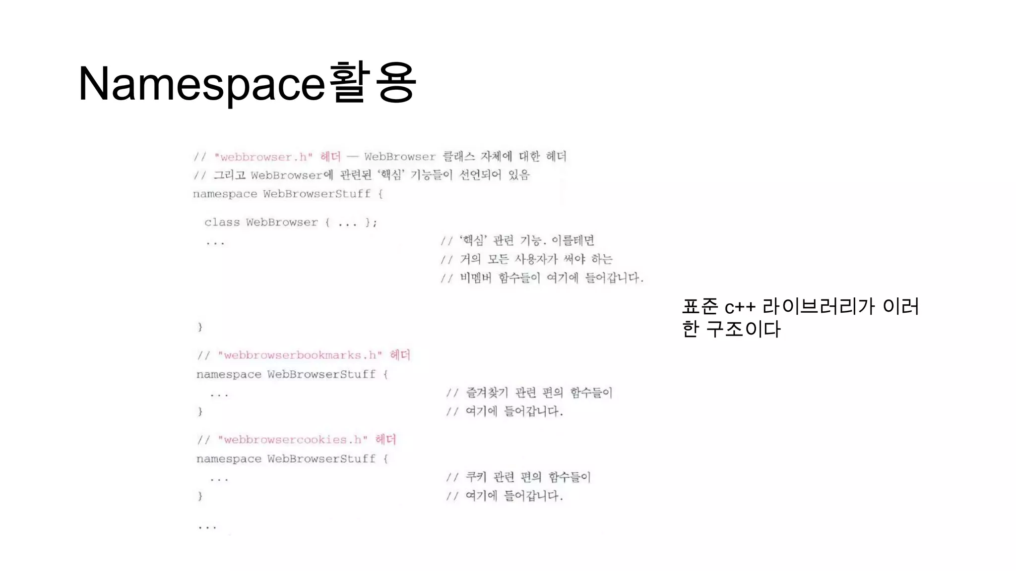 Namespace활용
표준 c++ 라이브러리가 이러
한 구조이다
 