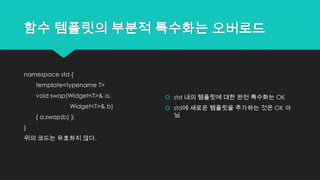 함수 템플릿의 부분적 특수화는 오버로드
namespace std {
template<typename T>
void swap(Widget<T>& a,
Widget<T>& b)
{ a.swap(b) };
}
위의 코드는 유효하지 않다.
 std 내의 템플릿에 대한 완전 특수화는 OK
 std에 새로운 템플릿을 추가하는 것은 OK 아
님
 