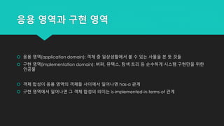 응용 영역과 구현 영역
 응용 영역(application domain): 객체 중 일상생활에서 볼 수 있는 사물을 본 뜻 것들
 구현 영역(implementation domain): 버퍼, 뮤텍스, 탐색 트리 등 순수하게 시스템 구현만을 위한
인공물
 객체 합성이 응용 영역의 객체들 사이에서 일어나면 has-a 관계
 구현 영역에서 일어나면 그 객체 합성의 의미는 is-implemented-in-terms-of 관계
 