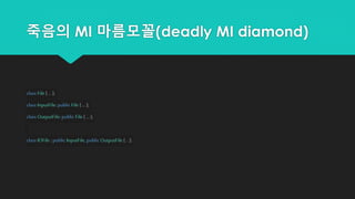 죽음의 MI 마름모꼴(deadly MI diamond)
class File {... };
class InputFile:public File {... };
class OutputFile: public File { ... };
class IOFile : public InputFile,public OutputFile { .. };
 