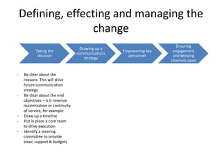 Defining, effecting and managing the
                   change
                                                                      Ensuring
                                   Drawing up a
          Taking the                              Empowering key    engagement
                                 communications
           decision                                 personnel       and keeping
                                     strategy
                                                                   channels open


-   Be clear about the
    reasons. This will drive
    future communication
    strategy
-   Be clear about the end
    objectives – is it revenue
    maximization or continuity
    of service, for example
-   Draw up a timeline
-   Put in place a core team
    to drive execution
-   Identify a steering
    committee to provide
    steer, support & budgets
 